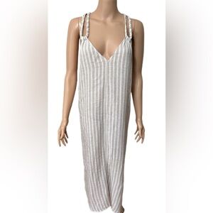 Rachel Ashwell Dress L Boho Striped Maxi Beige White Gold Braided Strap …